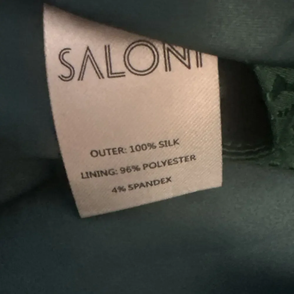 Saloni Bibi Mini Dress Green Silk Jacquard Long Sleeve Faux Wrap US 6 - Picture 13 of 14